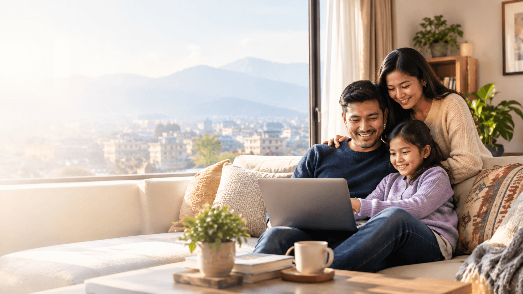 A family on the sofa with a laptop, looking out over the Kathmandu Valley