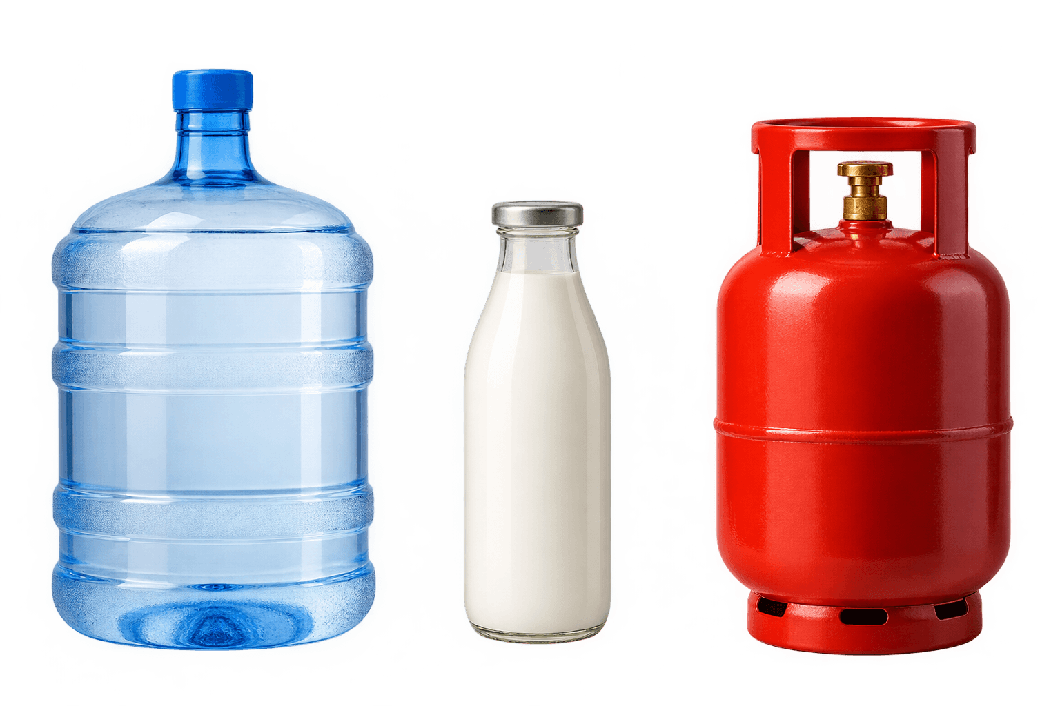A water jar, a bottle of milk, and a cooking gas cylinder